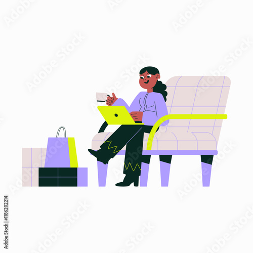 Female Online Shopper Sitting On Chair With Laptop And Shopping Bags In Flat Vector Illustration Symbolizing E Commerce, Online Shopping, And Digital Retail, Isolated On White Background