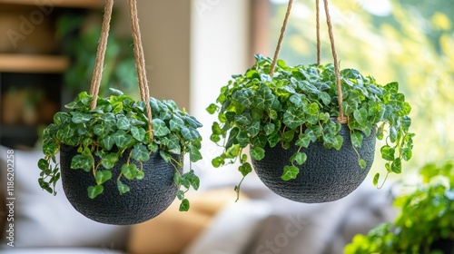 Elegant hanging planters display thriving green plants in a cozy indoor setting