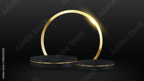 Black podiums 3d background with golden circle and stars on background. Podium scene. Abstract minimal scene, abstract vector platform