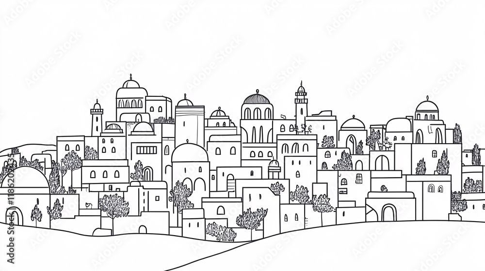 Obraz premium Line art illustration of a hillside town featuring domed buildings, trees, and simple geometric shapes on a white background 