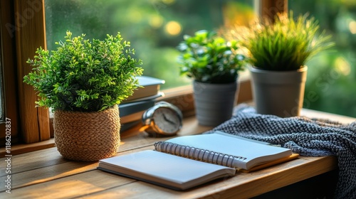 Cozy workspace with plants, notebook, and clock by a sunlit window in a tranq...