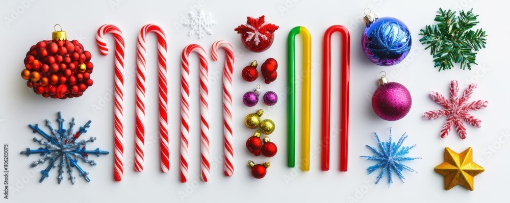 Obraz premium Christmas decorations, gifts, and ornaments arranged on a white background, featuring vibrant colors and holiday cheer with snowflakes and candy canes