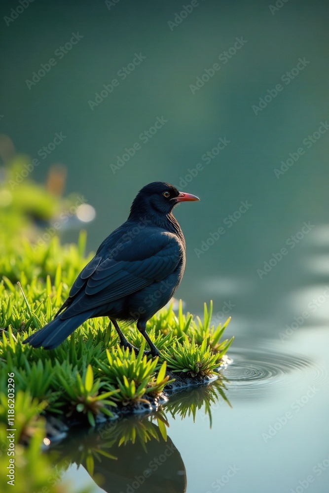 Blackbird sits on wet grassy lake shore with ripples, grass, feathers Blackbird sits on wet grassy lake shore with ripples, grass, feathers
