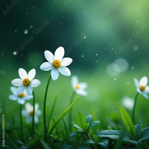 Small white flowers sway in the spring rain mist, flower, spring, bloom photo