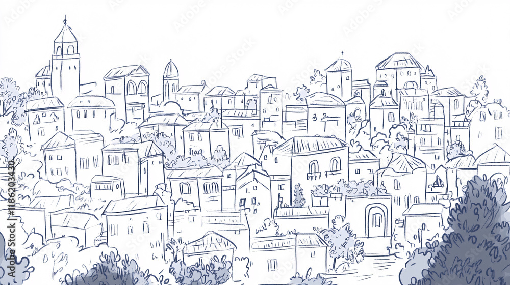 A hand-drawn sketch of a European village featuring detailed rooftops trees and hills with a charming architectural arrangement in soft monochrome tones
A hand-drawn sketch of a European village featuring detailed rooftops trees and hills with a charming architectural arrangement in soft monochrome tones
