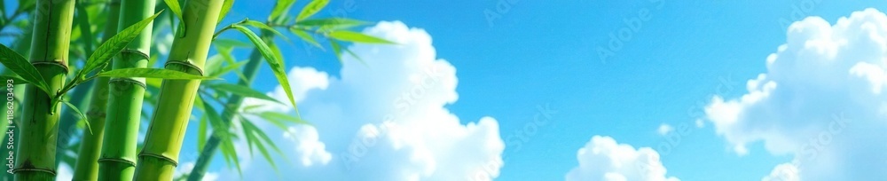 Fototapeta premium Bamboo stalks in a bright blue sky with fluffy white clouds, simple, modern