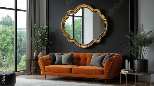 Stylish living room with a cozy couch and a round golden mirror in a bright e...