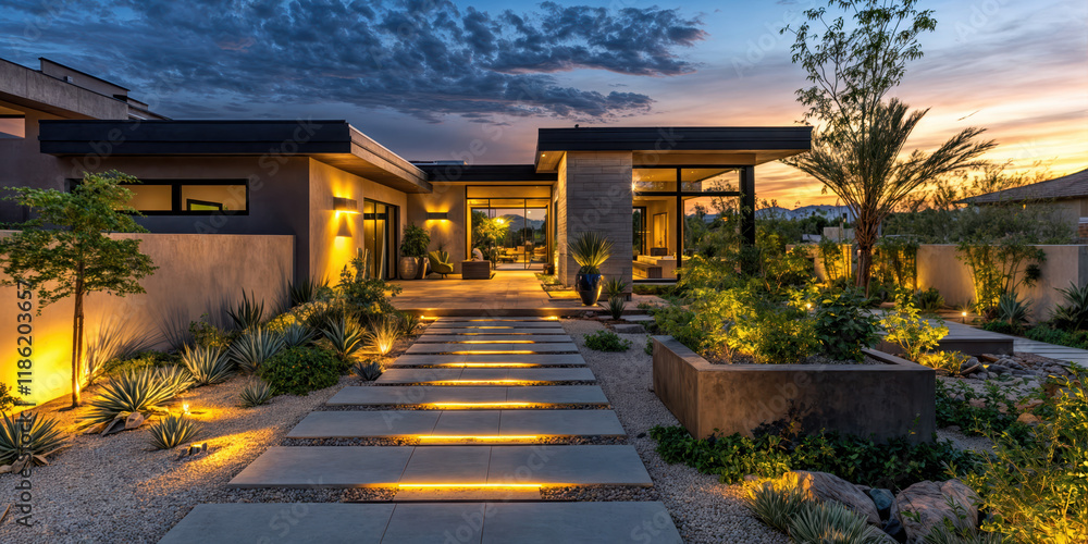 Modern desert home exterior with illuminated pathway at sunset Modern desert home exterior with illuminated pathway at sunset