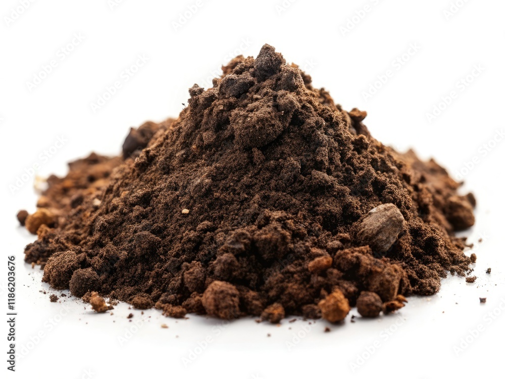 Close-up macro of rich, brown agricultural soil, isolated on white, showcasing earthy tones in vintage style. Close-up macro of rich, brown agricultural soil, isolated on white, showcasing earthy tones in vintage style.