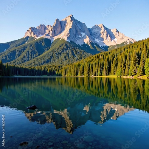 Rocky mountain peak reflected in whitefish montana lake, reflection, still life, trees