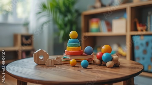 Colorful play area with a round table and stacked books for children in a coz...