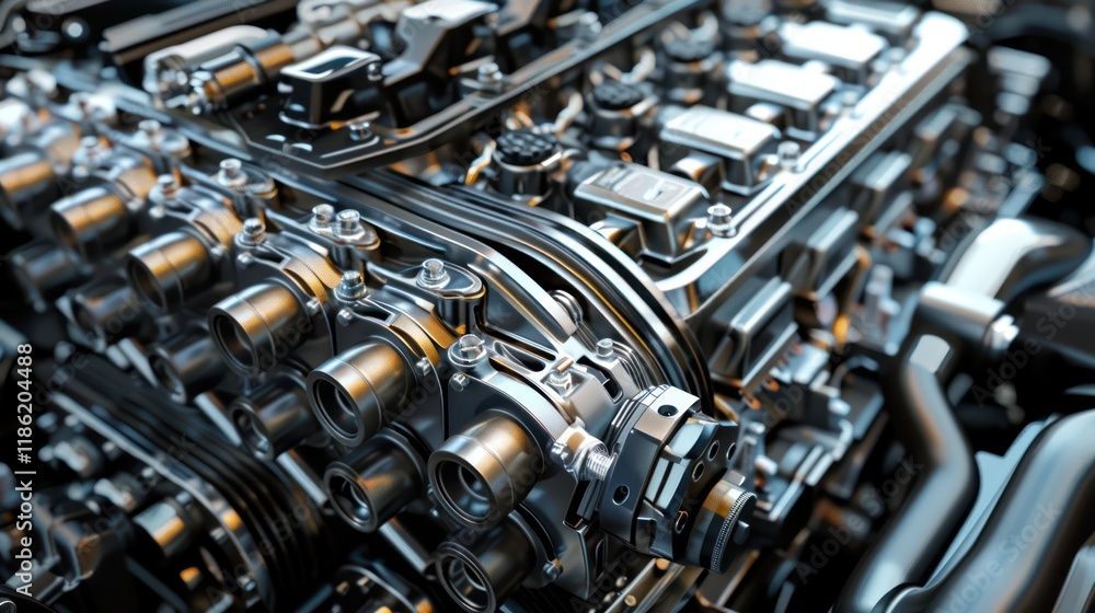 Close-up animation of engine parts, including pistons, spark plugs, and block, showing smooth, detailed mechanics with realistic lighting and shadows. Close-up animation of engine parts, including pistons, spark plugs, and block, showing smooth, detailed mechanics with realistic lighting and shadows.