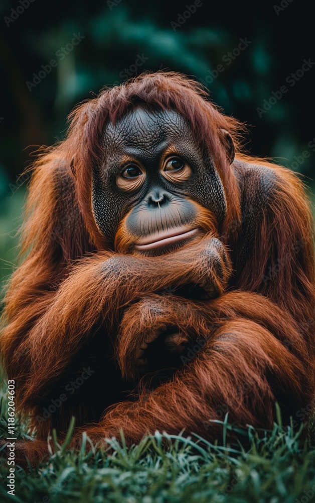 Obraz premium A Captivating Portrait of a Young Orangutan Resting Serene in Lush Green Grass