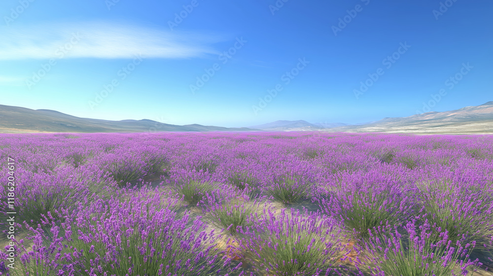 Naklejka premium A vibrant lavender field stretching into the horizon under a clear blue sky, evoking a sense of tranquility and natural beauty