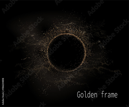 Round isolated gold frame with sparkling tinsel, design component.