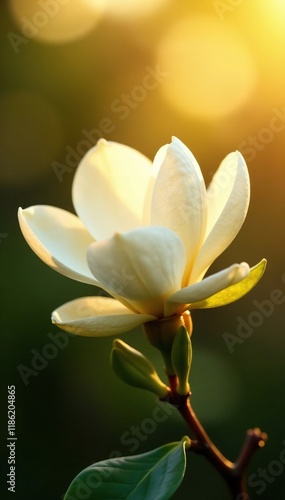 White magnolia petals unfold in the morning's golden light, bloom, morning, flower