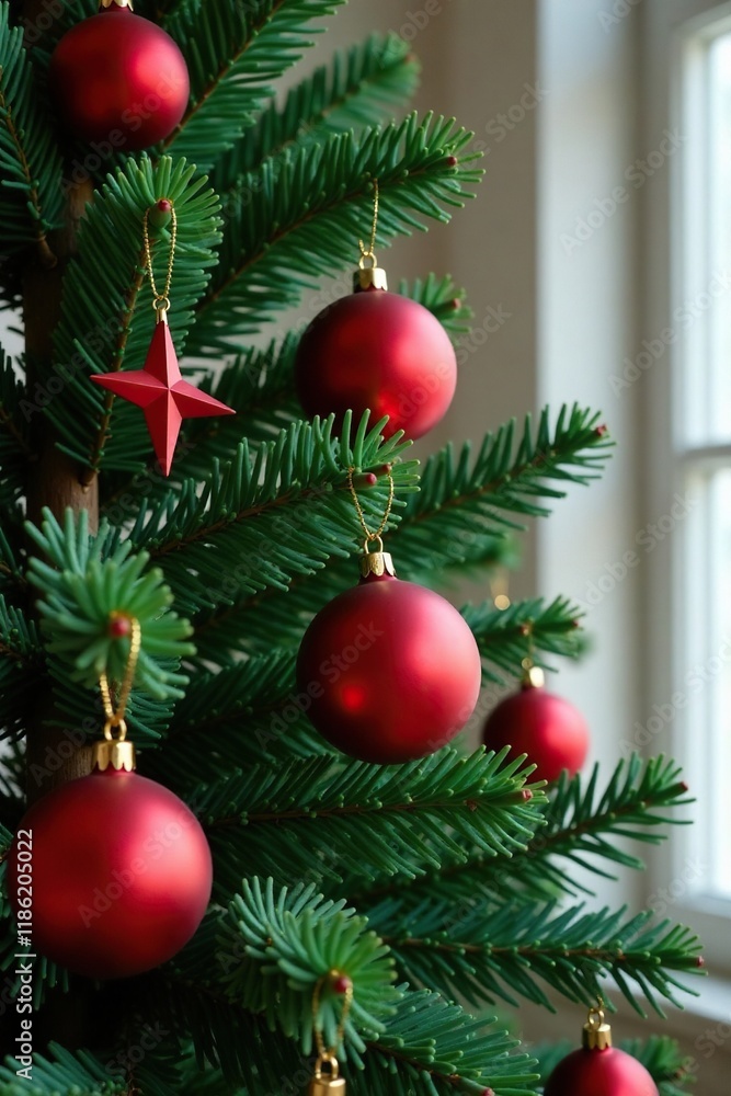 Evergreen wreath with red ornaments and star decorations, fir, Christmas tree Evergreen wreath with red ornaments and star decorations, fir, Christmas tree