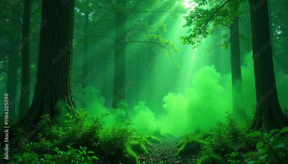 Fototapeta premium Glowing green dust fills the air in a mystical forest, haunting, enchanting, surreal
