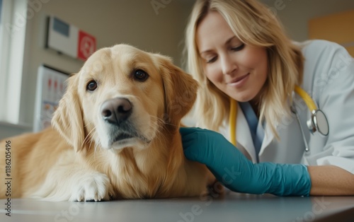 Golden Retriever Receiving Veterinary Care.  A loving dog receiving care from a compassionate vet.  A heartwarming moment of animal health and wellness. photo