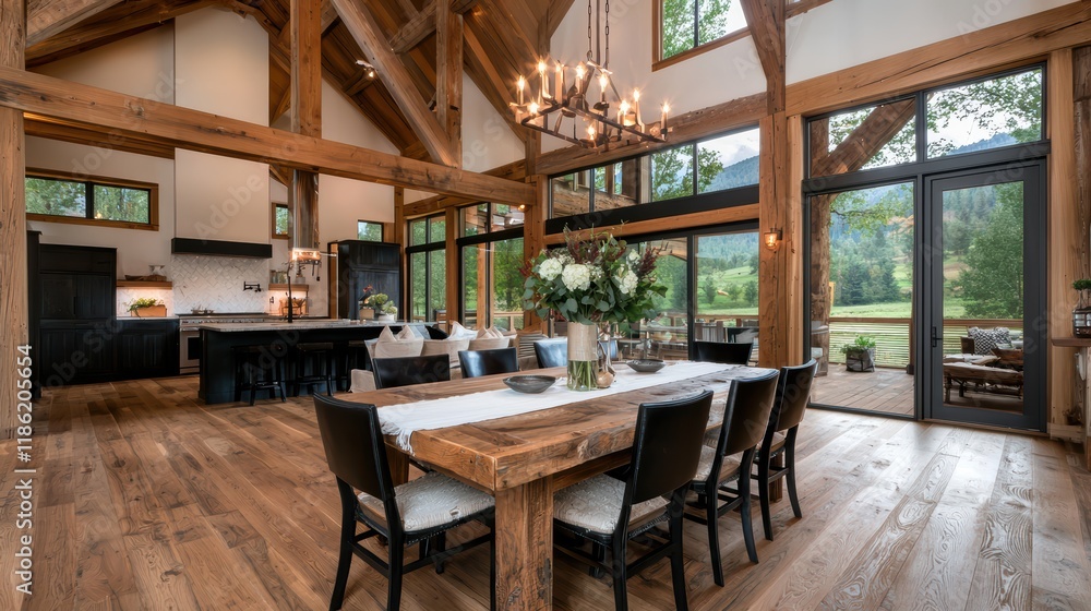 Rustic elegant dining room with wooden beams and mountain view Rustic elegant dining room with wooden beams and mountain view