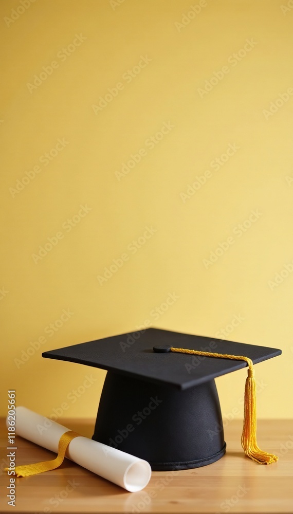 Simple graduation scene with beige wall and gold cap on wooden table, diploma, graduation