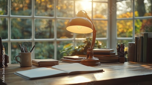 Soft light from a desk lamp illuminating a cozy workspace during evening hours