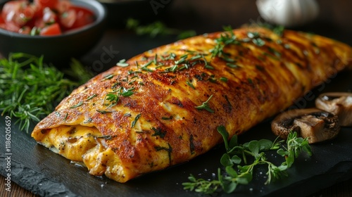 Delicious omelette with fresh herbs and cherry tomatoes served on a black plate