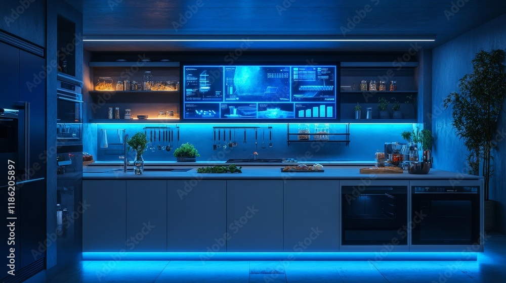 A futuristic kitchen with holographic displays and fresh produce, symbolizing smart home advancements. A futuristic kitchen with holographic displays and fresh produce, symbolizing smart home advancements.