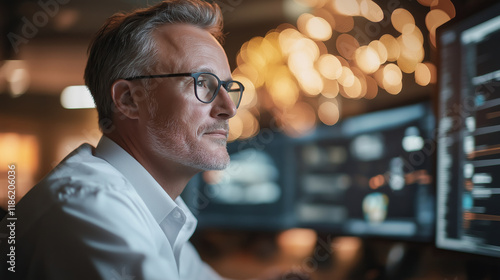 A cybersecurity professional analyzing data on multiple screens in a dynamic and illuminated workspace, focusing on digital security and innovation photo