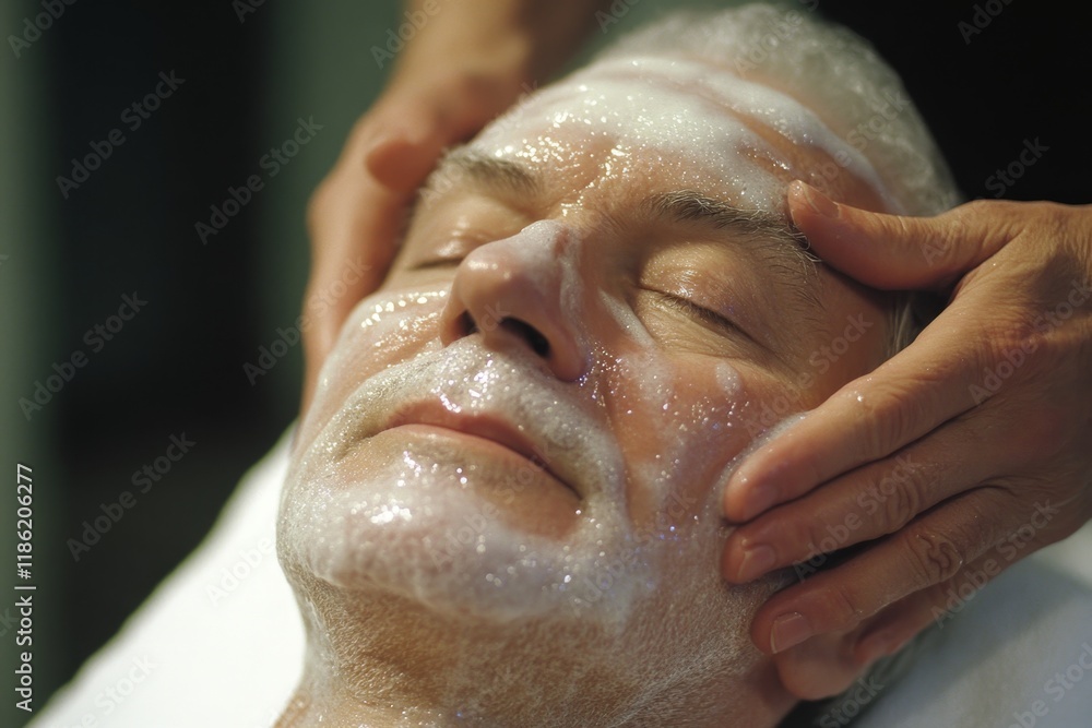 Relaxation experience for a man enjoying a facial treatment at a spa in a serene setting Relaxation experience for a man enjoying a facial treatment at a spa in a serene setting