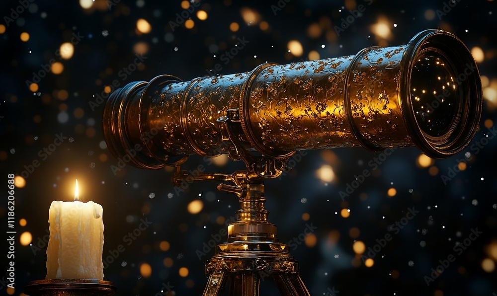Antique telescope, candlelight, night sky, stargazing Antique telescope, candlelight, night sky, stargazing