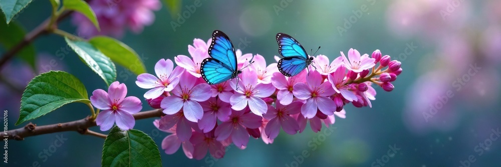 Lilac branch with blooming flowers and small butterflies in water drops, blue morpho butterflies, lilac flowers Lilac branch with blooming flowers and small butterflies in water drops, blue morpho butterflies, lilac flowers