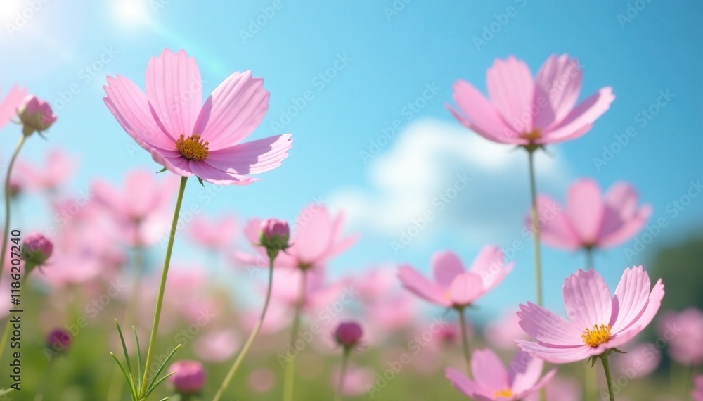 Soft pink cosmos flowers sway gently in the breeze under clear blue sky, garden, pale color, soft Soft pink cosmos flowers sway gently in the breeze under clear blue sky, garden, pale color, soft