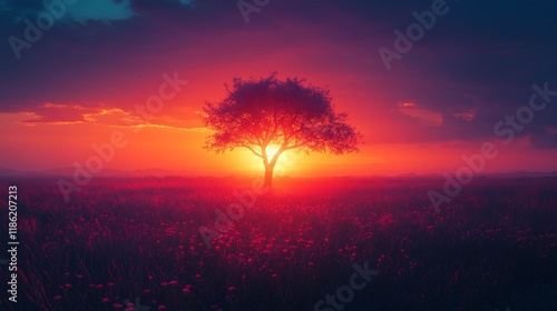 Sunset illuminates solitary tree in vast landscape with vibrant colors