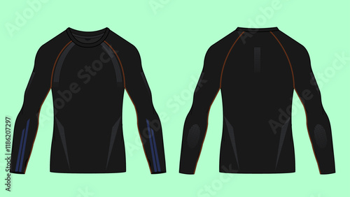 Men's seamless activewear raglan sleeve fashion illustration flat sketch, vector CAD, outline drawing.