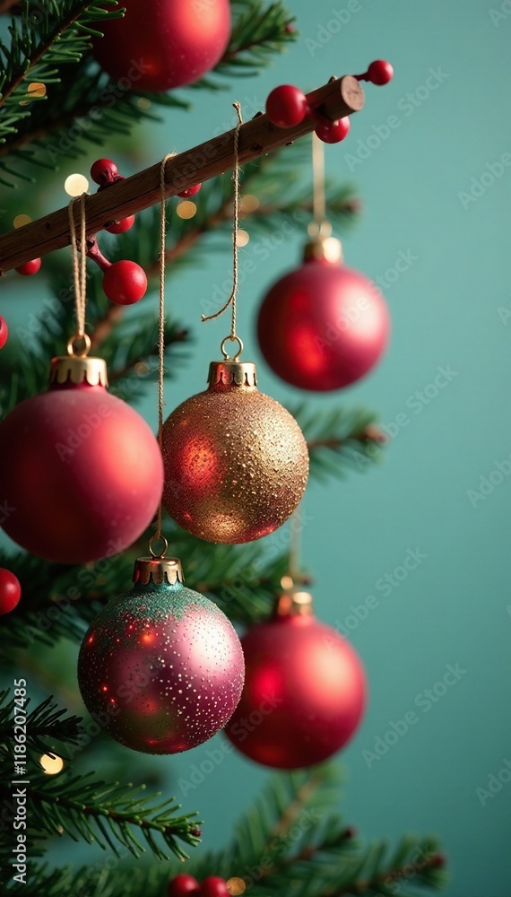 Naklejka premium Rows of colorful glass baubles hanging from a wooden branch, red berries, Christmas tree branches
