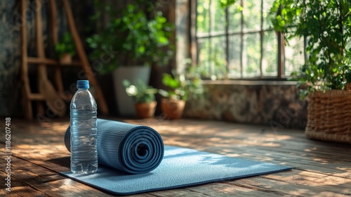 Yoga mat and water bottle prepared for a morning workout in a rustic indoor s...