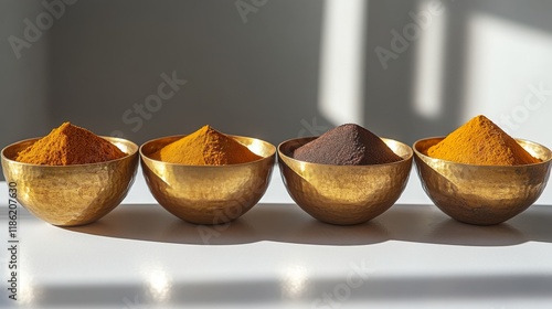 Colorful spices arranged in bowls displayed on a sunny kitchen countertop