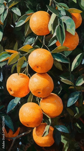 Vibrant oranges hanging on a lush tree basking in warm sunlight
