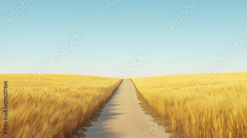 A calm countryside road stretches through golden wheat fields under a clear blue sky, evoking a sense of tranquility and simplicity photo