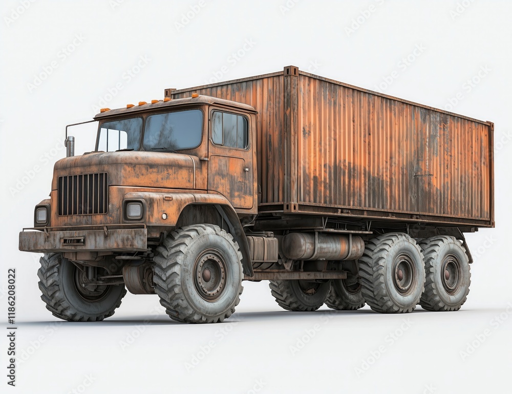 Obraz premium Rusty Vintage Cargo Truck with Container, Off-Road Heavy Duty Vehicle, 3D Render, Old and Weathered