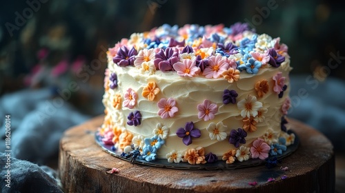 Beautiful floral cake on a rustic wooden table surrounded by soft decor and n...