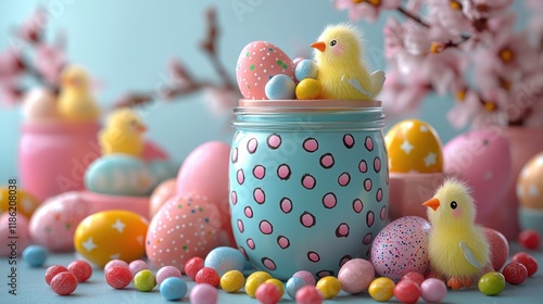 A vibrant Easter candy jar featuring colorful eggs, marshmallow chicks, and jellybeans in pastel shades. photo