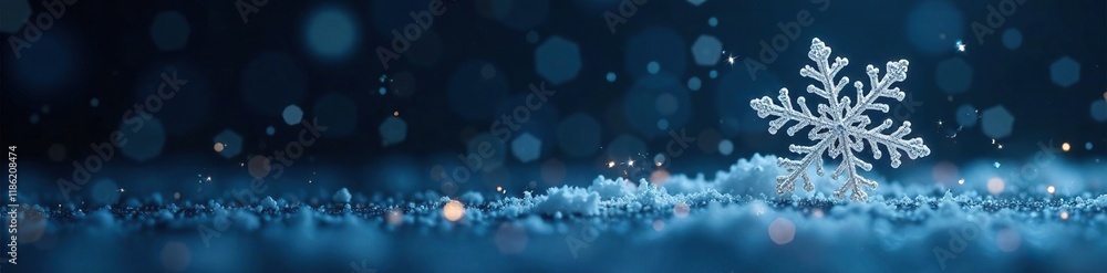 White snowflake with delicate sparkles on a dark background, white, cold