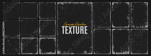 Collection of grunge overlay paper texture, damaged photo cover, retro torn or rip background, distressed ink paint brush stroke frame and dirty banner filter with uneven edge, splash and dust grain.