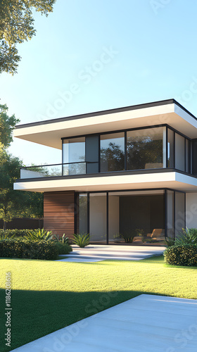 Modern minimalist house design with large windows and a green landscape in bright daylight