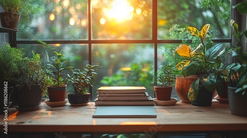Cozy home workspace with computer and books on wooden desk near window in war...