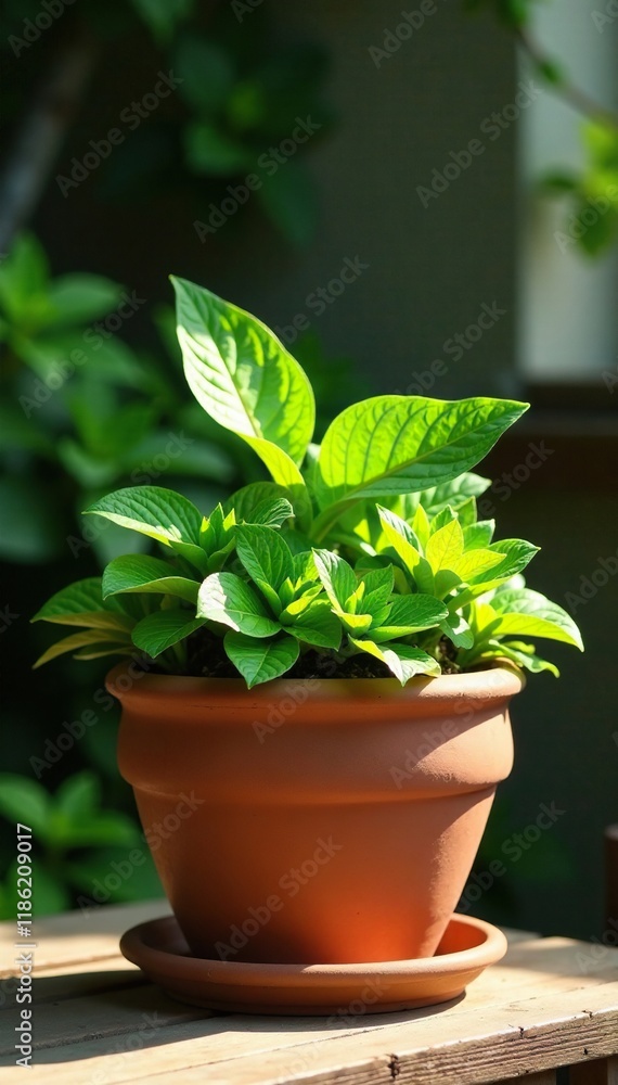 Earthy terracotta planter teeming with lush green foliage, wood, shadow Earthy terracotta planter teeming with lush green foliage, wood, shadow