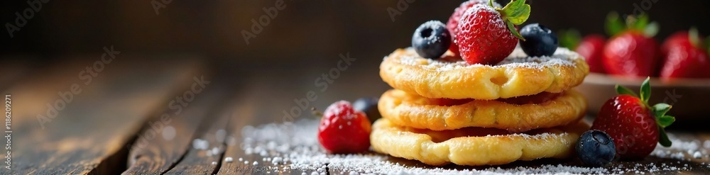 Stack of warm poffertjes with fresh berries and powdered sugar on a wooden table, poffertjes, sweet treats Stack of warm poffertjes with fresh berries and powdered sugar on a wooden table, poffertjes, sweet treats