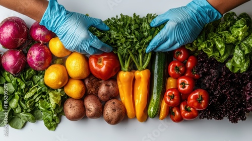 Colorful array of fresh vegetables and fruits arranged by hands in blue gloves photo